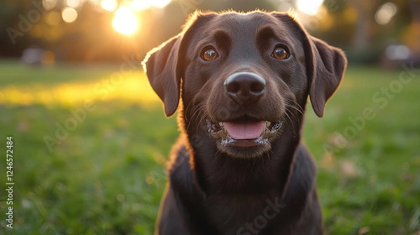 Fototapeta Pets, like a playful Labrador retriever fetching a stick in a grassy park