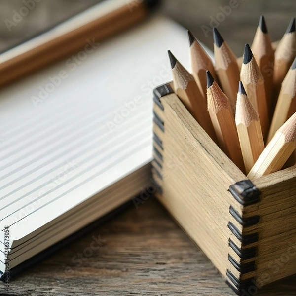 Fototapeta Assortment of sharpened wooden pencils arranged with a blank notepad on a rustic wooden table, ideal for creative writing, sketching, or office use.
