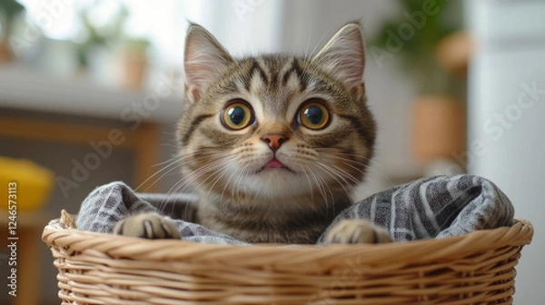 Fototapeta curious tabby kitten with wide eyes peeks out from wicker basket, surrounded by cozy home setting. kitten playful expression adds charm to warm atmosphere