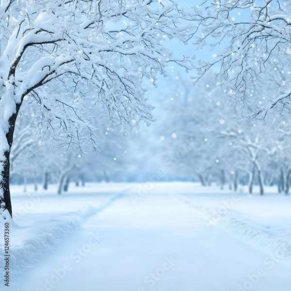 Fototapeta serene winter landscape featuring snow covered trees lining tranquil path. scene evokes peaceful and magical atmosphere, perfect for winter themed projects