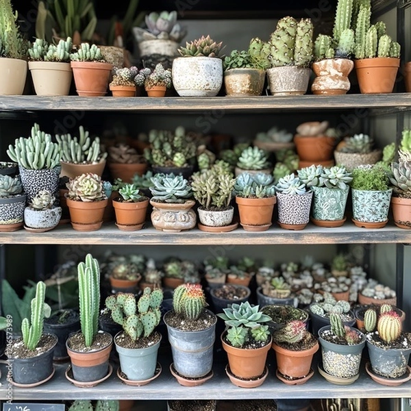 Fototapeta Assortment of Various Potted Succulents and Cacti Displayed on Wooden Shelves in a Greenhouse or Indoor Plant Nursery Setting. Diverse Collection of Houseplants, Foliage.
