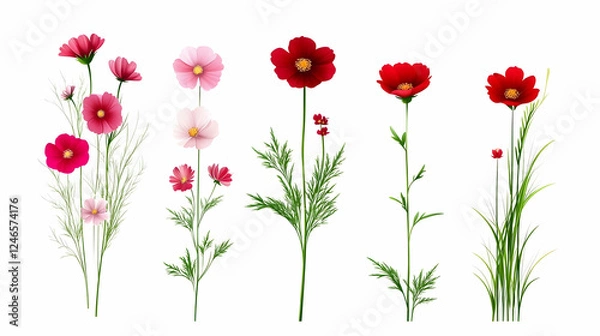 Obraz Collection of digital cosmos flowers in various colors, isolated on white background. Possible use For floral design templates, backgrounds, wallpaper, web design