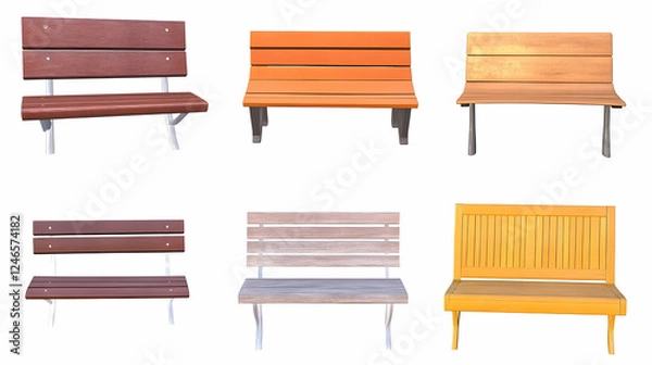 Obraz Collection of colorful wooden park benches on white background. Possible use stock photography for home interior design, furniture catalogs, garden design