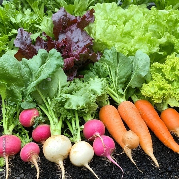 Fototapeta Assortment of Vibrant Organic Vegetables in a Garden Setting, Showcasing a Variety of Fresh Produce including Radishes, Carrots, Onions, and Leafy Greens