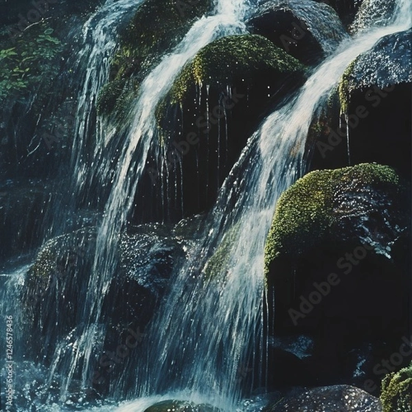Fototapeta Captivating scene of a cascading waterfall flowing through a lush, moss-covered rocky landscape in a dense, tropical forest setting. The powerful.