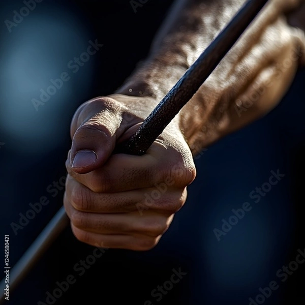 Fototapeta Closeup of a clenched male fist firmly gripping a wooden weapon or staff in a dramatic low-lit setting, conveying a sense of power, aggression, and intensity.