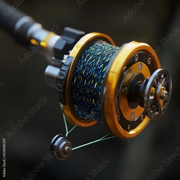 Fototapeta Close-up view of a fishing reel featuring a vibrant color palette and an intricate mechanical design, capturing the essence of the sport of fishing and the precision engineering involved.