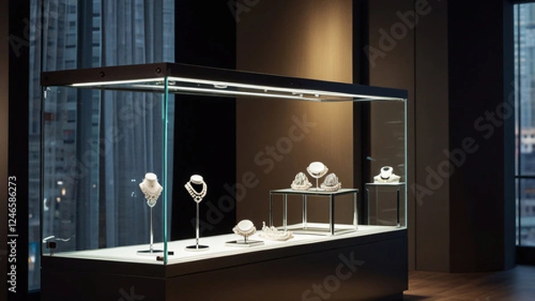 Fototapeta hining glass showcase with jewelry with directional light