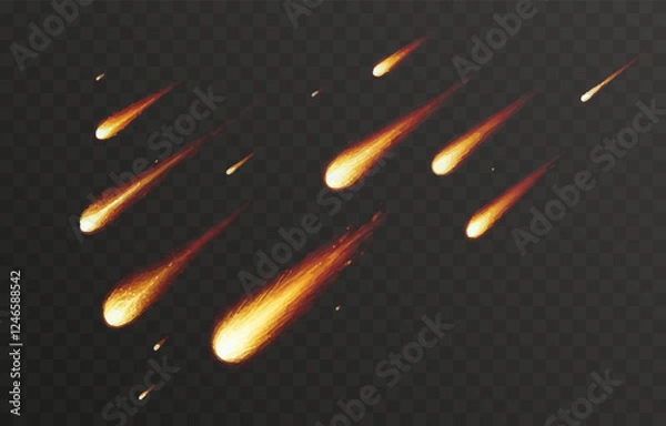 Fototapeta Vector meteor shower PNG. Streaking comets on a transparent background. Celestial starfall.