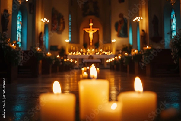 Fototapeta Christian altar with candles, carved crucifix in softly lit church. Majestic cathedral interior adorned with candles. Peace and spirituality	