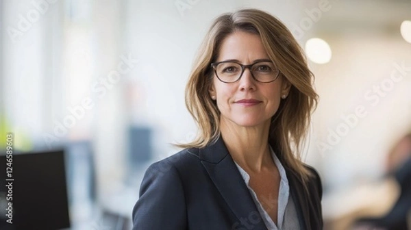 Fototapeta A confident middle-aged European woman stands in a modern office, wearing glasses and a professional outfit. She exudes a sense of maturity and poise, ideal for business contexts.