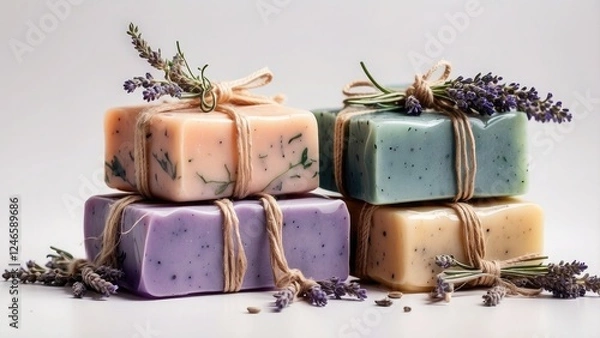 Fototapeta Stack of colorful handmade artisan soaps with natural ingredients, tied with twine ropes and decorated with lavender, PNG file isolated on transparent background.