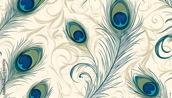 Fototapeta A seamless pattern of peacock feathers on a white background