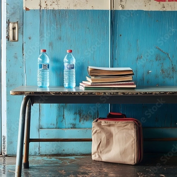 Fototapeta Cozy rustic workspace with an organized desk, stacks of books, and water bottles. The vintage-style interior creates a comfortable and inspiring environment for study, work or relaxation.