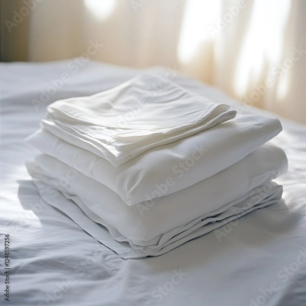 Obraz Crisp white bedding in a serene and minimalist bedroom interior design. Soft, plush linens and sheets create a calming, elegant, and inviting atmosphere for rest and relaxation.
