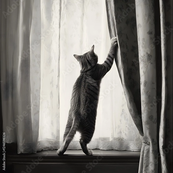 Fototapeta Curious cat silhouette reaching through curtain at window in a cozy, monochrome atmosphere filled with contemplation, mystery, and a sense of solitude and introspection.