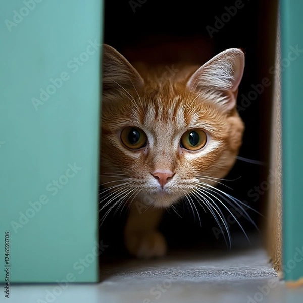 Fototapeta Curious orange tabby cat peeking out from behind a wooden doorway, with watchful, captivating eyes and a cautious, protective expression. The feline is hiding in a safe, cozy indoor environment.