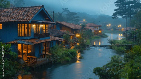 Fototapeta Charming blue houses by serene river at dusk, surrounded by lush greenery and soft lights reflecting on water, creating peaceful atmosphere