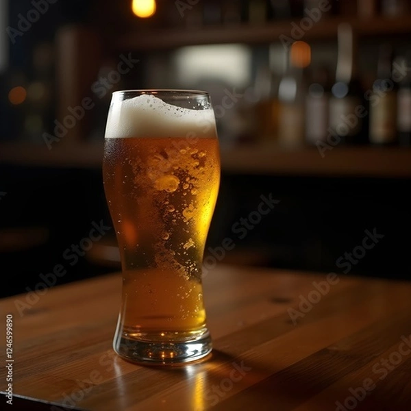 Obraz Refreshing Glass of Cold Beer, Golden Ale with Bubbles and Foam, Bubbly Lager on a Wooden Table, Classic Pint of Draft Beer. 