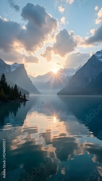 Obraz Tranquil Mountain Lake at Sunset, Stunning Natural Reflection, Wallpaper, Serene Mountain Lake at Sunset , Breathtaking Nature Landscape