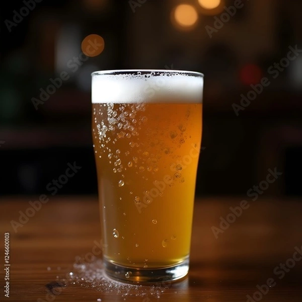 Obraz Refreshing Glass of Cold Beer, Golden Ale with Bubbles and Foam, Bubbly Lager on a Wooden Table, Classic Pint of Draft Beer. 