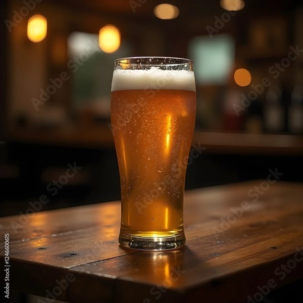 Obraz Refreshing Glass of Cold Beer, Golden Ale with Bubbles and Foam, Bubbly Lager on a Wooden Table, Classic Pint of Draft Beer. 