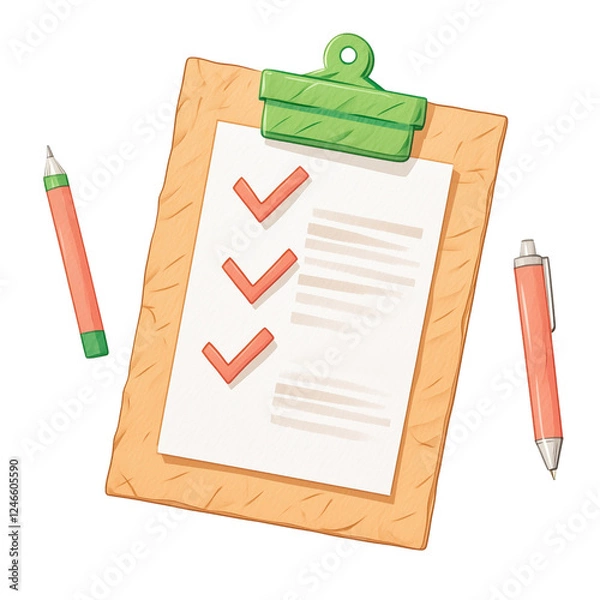 Fototapeta A checklist on a clipboard with checkmarks and pencils beside it.