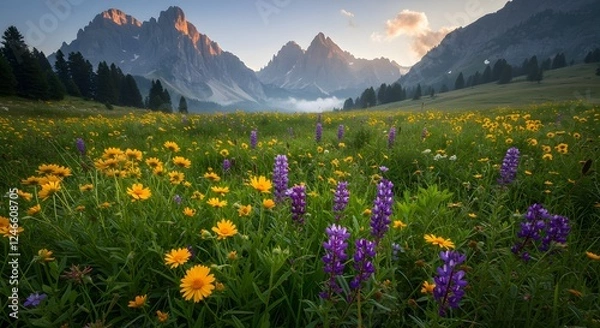 Fototapeta Alpine Meadow Sunset Wildflowers Majestic Mountains