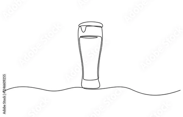 Fototapeta Continuous one line drawing of beer glass with foam. One line drawing illustration of alcoholic drink, Continuous one line drawing of beer in a glass, outline style vector illustration.