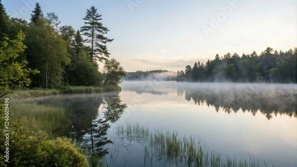 Fototapeta Peaceful morning mist rises over a tranquil lake, creating a soft white fog on the calm water's surface, stillness, fog