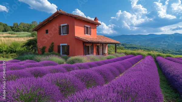 Obraz  Picturesque Lavender Field with a Rustic House Under a Blue Sky