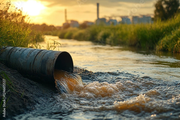 Obraz Sewage discharge from a pipe into a river. Dumping of industrial waste into a clean river. Environment and Climate changes