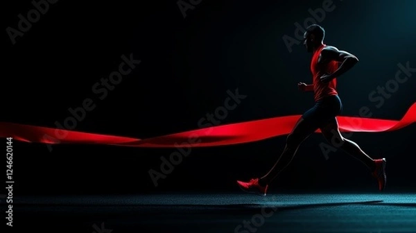 Fototapeta Dynamic runner in action with red ribbon.