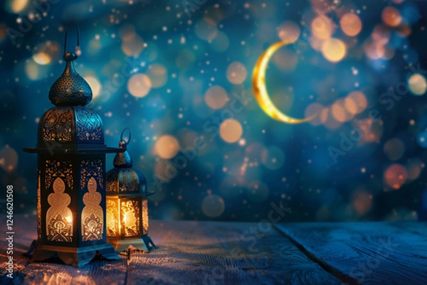 Fototapeta Beautiful greeting card with holiday composition for happy celebrate Ramadan, abstract vivid composition consists of fictional unreal fantastic vision on background