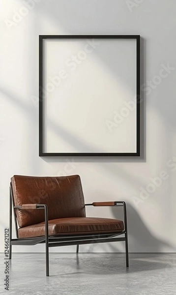 Fototapeta Empty frame above leather chair in minimalist room with sunlight
