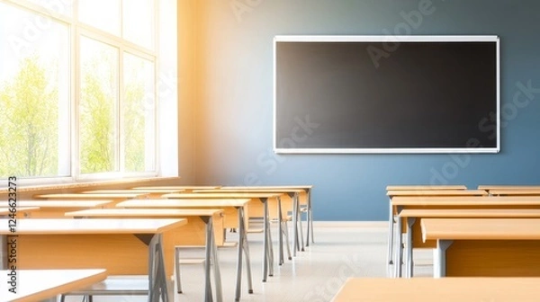 Fototapeta Bright classroom with empty desks and a chalkboard, sunlight streaming through large windows