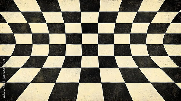 Fototapeta Wavy black and white checkered pattern with a vintage texture creating a distorted perspective.