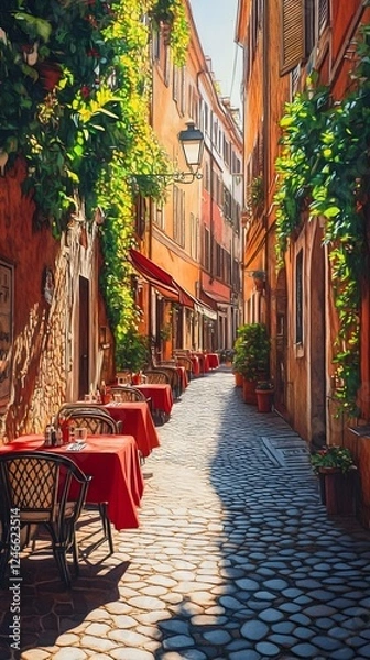 Fototapeta A romantic dinner in Rome, cobblestone streets with red tablecloths and green chairs under an umbrella at sunset
