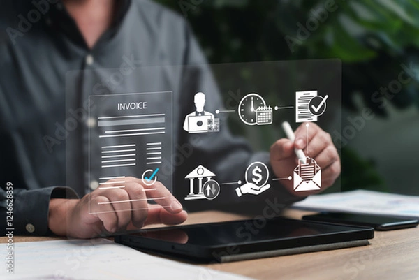 Fototapeta E-invoice online digital invoices and statements software technology concept, Businessman send an invoice to customers procedure for receiving payments via the online system, Payment Receipt