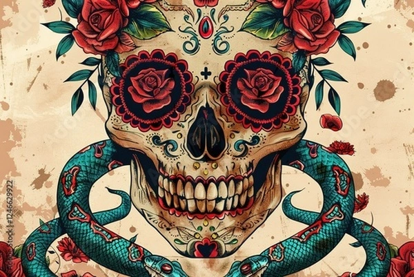 Obraz Day of the dead rule of thirds, corner right side placed, and blank banner template without text , on the extreme right third of an image, rule of thirds, corner right side placed, 