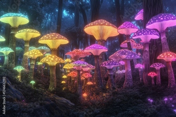 Fototapeta Vibrant bioluminescent mushrooms illuminate a mystical forest pathway during twilight hours