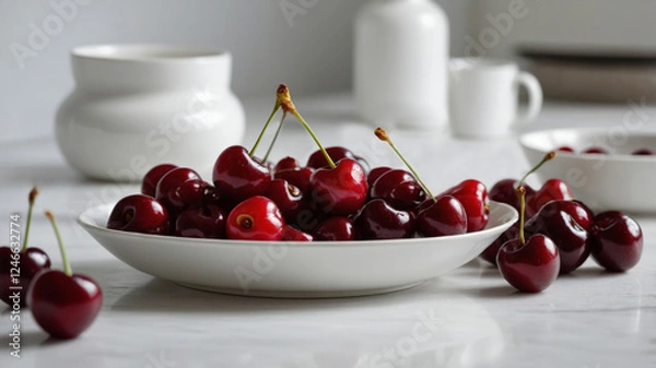 Obraz Cherry on a white plate close-up