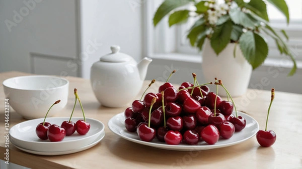 Obraz Cherry on a white plate close-up