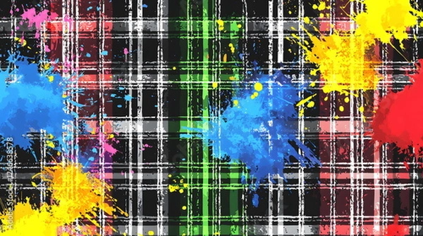 Fototapeta Colorful abstract plaid pattern with paint splatters in vibrant hues and black background