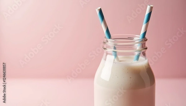 Fototapeta A glass bottle filled with milk is shown against a pink background. Two blue and white striped paper straws are placed inside the bottle, giving it a fresh and inviting look. This mockup is ideal for 