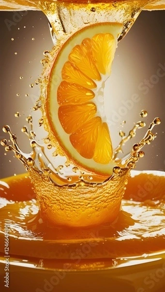 Fototapeta A radiant orange slice crashes into juice, creating a stunning golden splash with shimmering droplets, frozen in time with breathtaking clarity.

