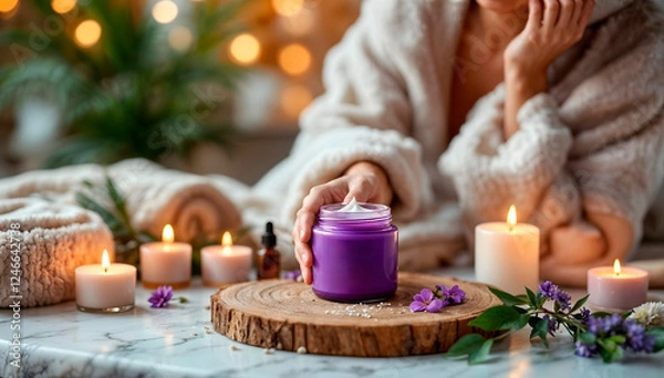 Fototapeta Relaxing Spa Scene with Lavender Cream and Aromatherapy Candles