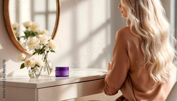 Fototapeta Elegant Reflection with Purple Cream Jar and White Roses on Vanity