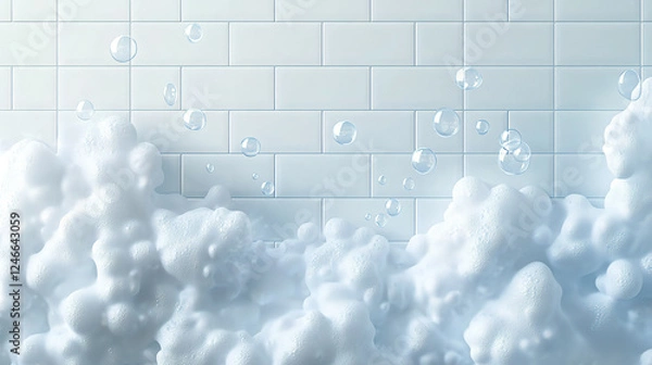 Obraz Fresh White Soap Bubbles Against Clean Subway Tile Background – Perfect Hygienic Concept for Bathroom Themes, Cleaning Products, and Spa