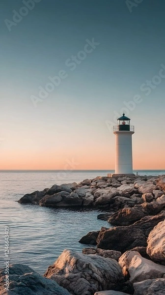 Fototapeta A lighthouse stands on rocks at the water's edge

